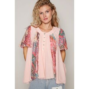 POL Pink Patchwork Short Sleeve Top Button Neck